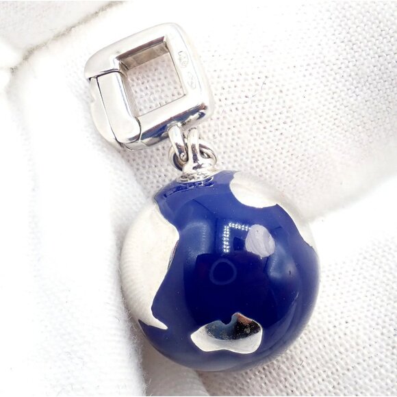 Vintage Louis Vuitton 18k White Gold Enamel Globe World Diamond Charm Pendant - Picture 6 of 10